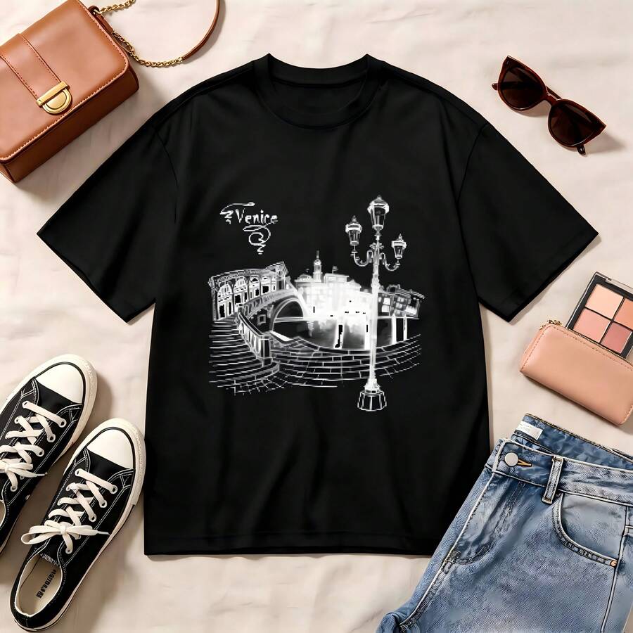 Retro Venice Print, 100% Cotton, Oversized Soft Breathable, Casual Crewneck Short Sleeve Top, Summer Vibes, Travel Lovers, Streetwear Aesthetic - Negro - Ver 1