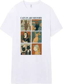 Pampling T-Shirt mit kurzen ?rmeln, 100% Baumwolle, Unisex-Kleidung für Herren und Damen, Siebdruck mit Rundhalsausschnitt und geradem Schnitt, T-Shirt Wei? (Cats in Art History) - Blanco - Ver 1