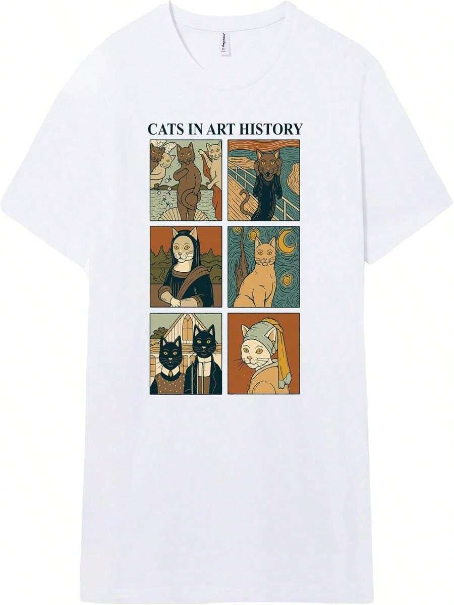 Pampling T-Shirt mit kurzen ?rmeln, 100% Baumwolle, Unisex-Kleidung für Herren und Damen, Siebdruck mit Rundhalsausschnitt und geradem Schnitt, T-Shirt Wei? (Cats in Art History) - Blanco - Ver 1