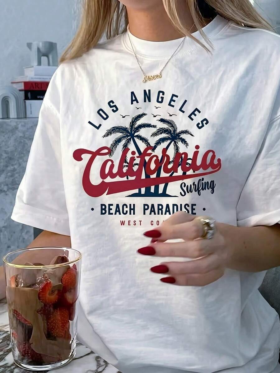 Women's Printed Short-Sleeved Summer T-Shirt, Women's Tops, Polyester Fabric, Multifunctional Style, Regular Fit, 1 Unit. - 白色 - 查看 1