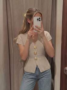 Women's Summer Casual Vacation Fashion Daily Commute Minimalist Versatile V-Neck Batwing Sleeve Metal Button Decor Waist Tie Cardigan - Apricot - View 5