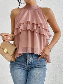 Blusa de gasa con volantes asimétricos y cuello suelto - Rosa vieja - Ver 7