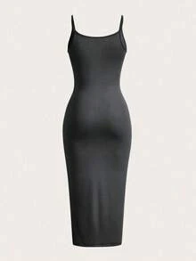 BASICS Vestido casual de cena y citas de unicolor con tirantes de espagueti y silueta ajustada - Gris Oscuro - Ver 2
