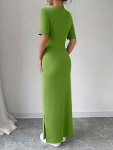 Vestido largo de mujer de manga corta con cuello en V y bajo dividido, de unicolor, vestido maxi elegante de color burdeos, vestido largo ajustado, vestido largo rojo, vestido maxi de manga corta para mujer, vestidos de mujer, vestido largo ajust - Verde - Ver 2