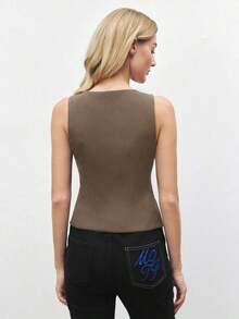 Blusa de un solo pecho de unicolor, versátil y casual para uso diario - Marrón - Ver 4