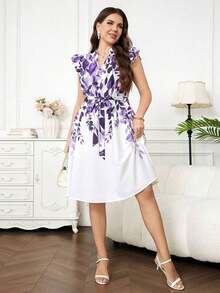 Vestido con estampado gráfico, cuello con muesca, volantes, cinturón, lunares, vestidos para mujer, vestidos casuales de primavera, vestidos de picnic, vestidos de verano, vestidos de primavera, vestidos de festival, vestidos de Pascua, vestid - Multicolor 7 - Ver 6