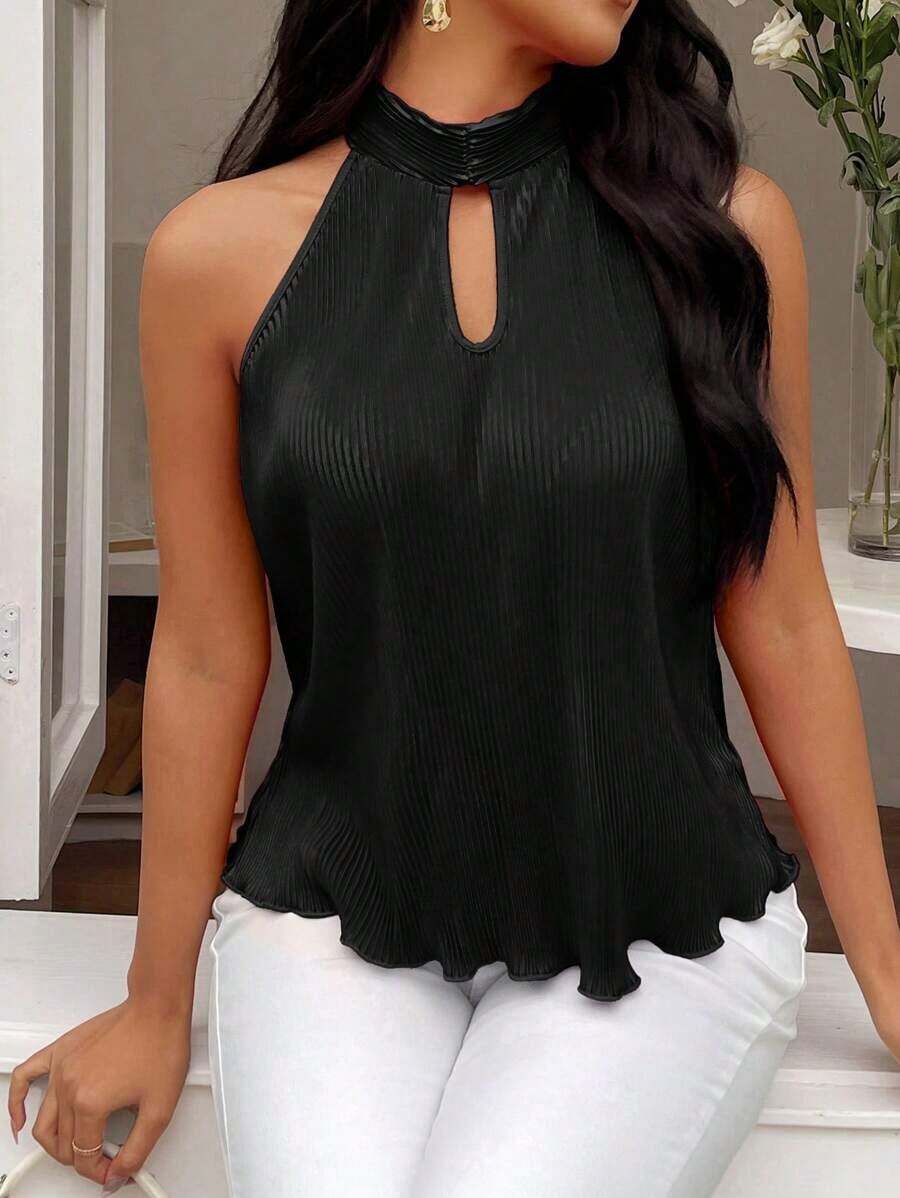 Camiseta sin tirantes de mujer con cuello halter, frente hueco y plisado en color solido - Negro - Ver 1