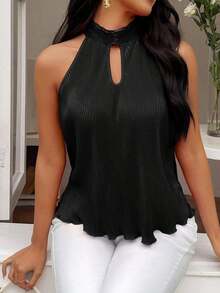 Camiseta sin tirantes de mujer con cuello halter, frente hueco y plisado en color solido - Negro - Ver 7