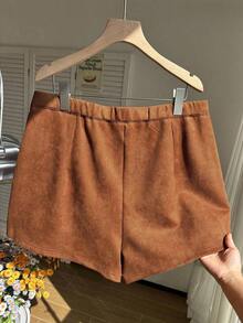 Minifalda de unicolor negro minimalista con diseño de falda pantalón para mujer talla grande, ropa casual de uso diario para invierno - Marrón - Ver 2