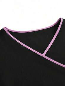 Conjunto de uniforme de pijama de unicolor con parches, cuello en V y manga corta - Negro - Ver 8