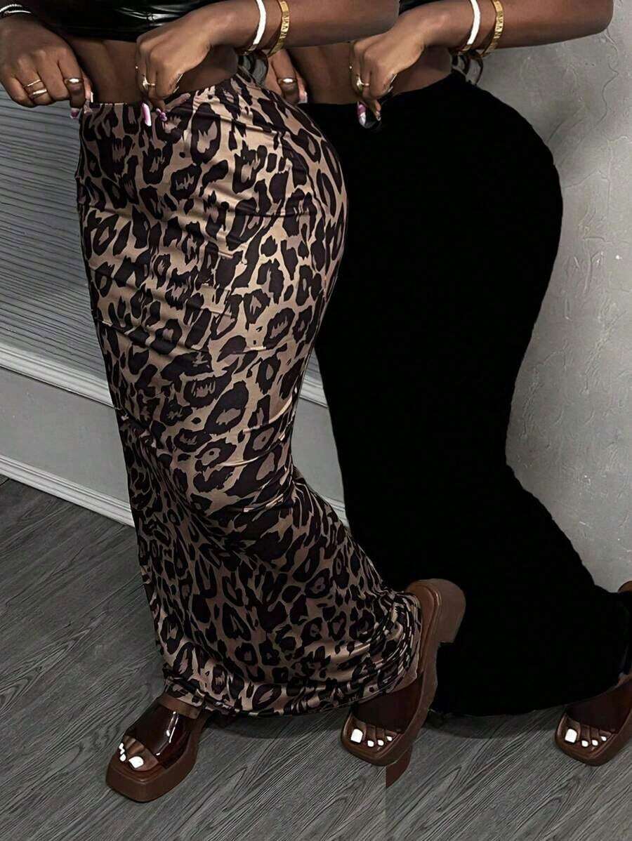 Set de 2 faldas largas de estilo sirena de cintura baja con estampado de leopardo para mujer - Multicolor - Ver 1