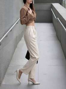Pantalones rectos de cintura alta de unicolor para mujer, con pliegues, suaves y cómodos, versátiles y elegantes para uso casual urbano, adecuados para uso diario casual, citas, fiestas, San Valentín, carnaval y oficina - Albaricoque - Ver 9
