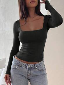 Camiseta ajustada de manga larga con cuello cuadrado para mujer, primavera/verano Y2K, unicolor, sexy, adecuada para el Día de San Valentín y uso casual - Negro - Ver 9