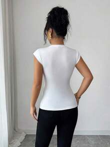 de mujer con cuello redondo, elegante, con parches de encaje, adecuada para uso diario, otoño/invierno y primavera/verano - Blanco - Ver 2