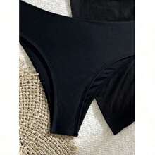 Conjunto de bikini casual de un solo color con espalda descubierta y detalle de nudo, ropa de playa para vacaciones de verano en negro - Negro - Ver 4