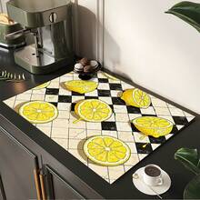 1pc Lemon Print Absorbent Mat/Drying Mat For Coffee Maker, Dishes - Polyester Absorbent Desktop Protective Mat With Rubber Anti-Slip Pad, For Kitchen Counter Decor, Home Bar And Dining Table - Multicolor - View 3