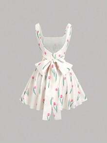 Vestido mini para mujer de alta gama, de estilo retroamericano, con estampado floral, espalda descubierta, corte slim, plisado, cuello asimétrico sin mangas y lunares - Multicolor - Ver 1