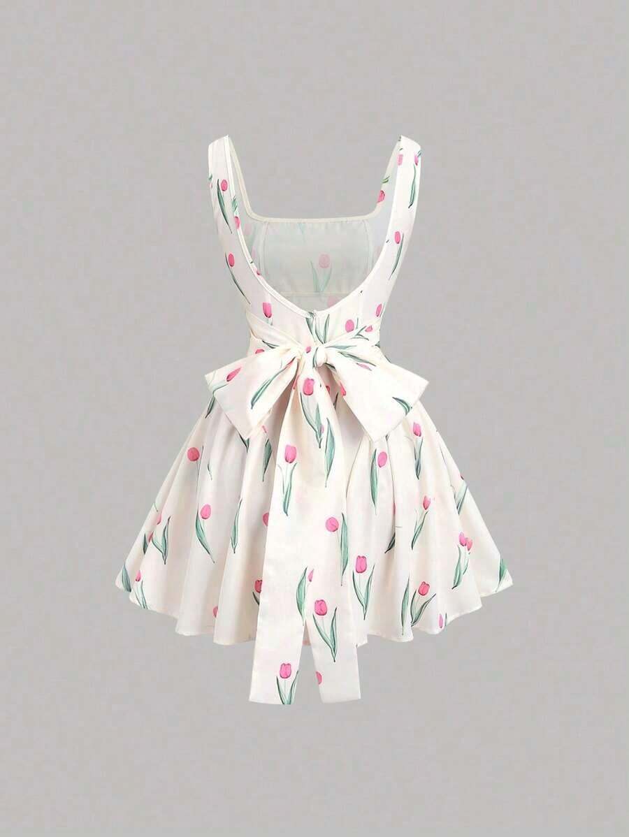 Vestido mini para mujer de alta gama, de estilo retroamericano, con estampado floral, espalda descubierta, corte slim, plisado, cuello asimétrico sin mangas y lunares - Multicolor - Ver 1