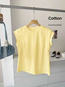 Camiseta sin mangas de mujer de cuello redondo blanca de doble capa con hombros anchos, adecuada para uso casual diario, primavera/verano - Amarillo - Ver 3
