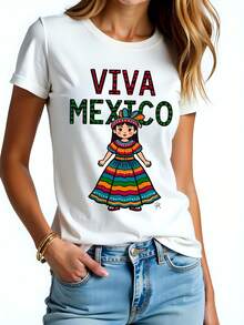 Celebrate Mexican Heritage In Style | 'Viva México' Printed T-Shirt For Women | Comfortable White Short-Sleeved Crew Neck T-Shirt, 180g | Vibrant Folk Print | Perfect For Parties, Celebrations, And Everyday Life | A Summer Must-Have. - 白色 - 查看 8