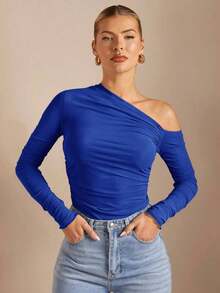 Camiseta de manga larga con cuello asimétrico plisado, ajustada, en color liso, para mujer, para primavera/otoño - azul real - Ver 9