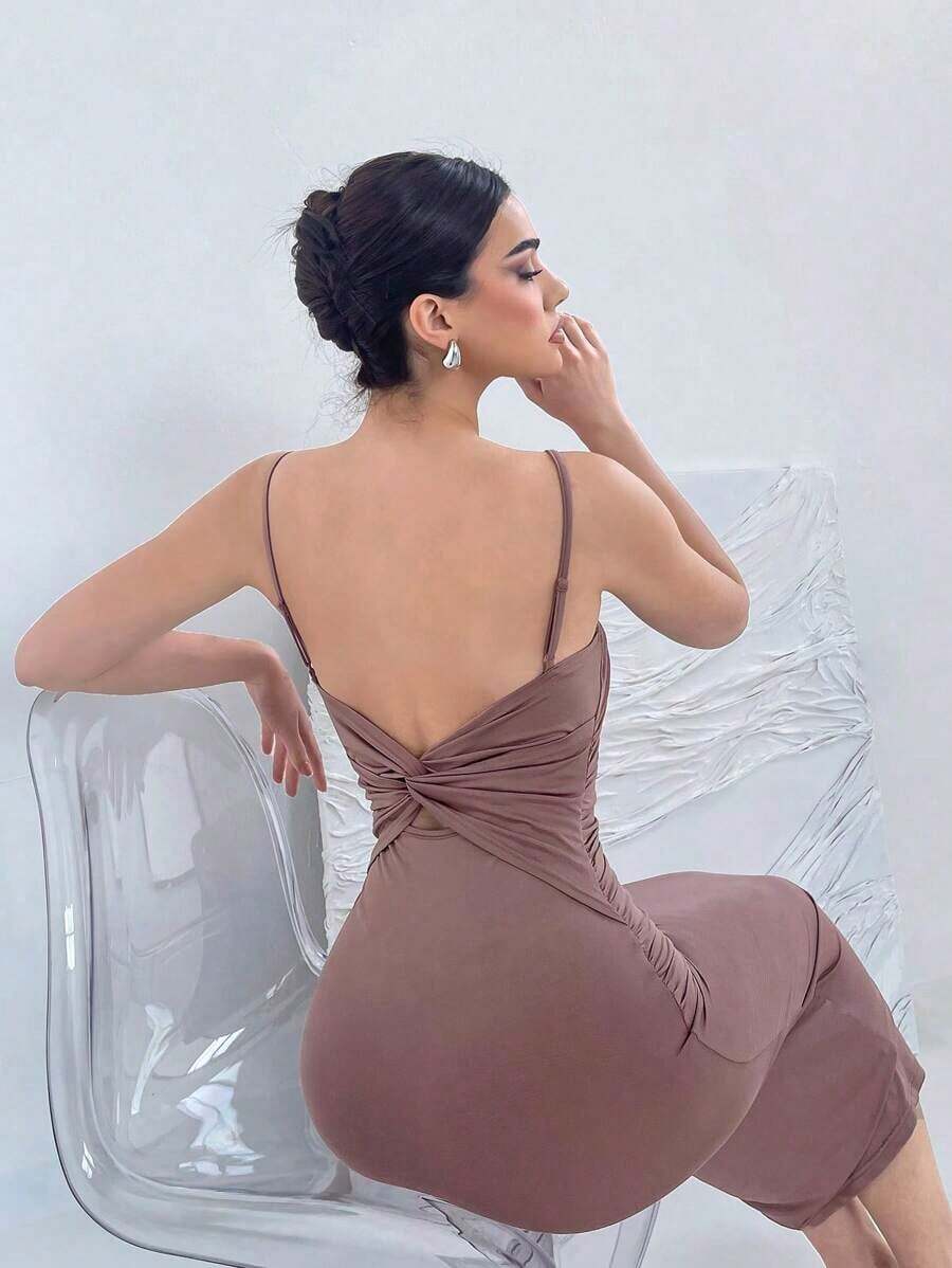 Vestido con tirantes con moño sin espalda, de material elástico, para verano - Rosa vieja - Ver 1