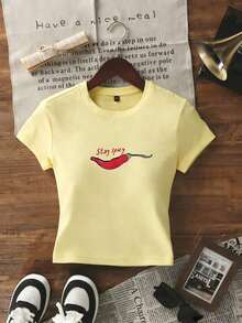 Nueva camiseta de verano casual con estampado de pimiento, de cuello redondo y manga corta, top de mujer versátil y de moda - Amarillo 2 - Ver 2