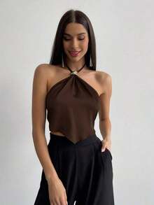 Camiseta de tirantes con cuello halter y bajo asimétrico para mujer - Café integral - Ver 3