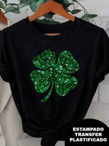 Playera con diseño de trébol verde efecto diamantina, pero es estampado, casual, moderno, cuello redondo, manga corta, ideal para todos los días, llamativa, holgada, a la moda, ideal para tí. 100% algodón, estilo Y2K Bababask - Negro - Ver 6