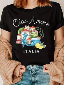 1 pieza de recuerdo de viaje italiano, camiseta con estampado de letras italianas, 180g, 100% algodón - Negro - Ver 12