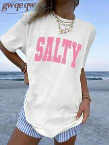 Women's Graphic T-Shirt "If You're Grumpy, Please Go Back To The Beach" With Salty Print, 100% Cotton, Double-Sided Print, Casual Summer Style, Plus Size | Summer Clothes | Vacation Clothes - 100% Cotton - 白色 - 查看 2
