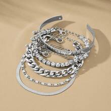 VKME Juego de 5 pulseras de cadena de metal con circonita y cadena trenzada - Plata D - Ver 2