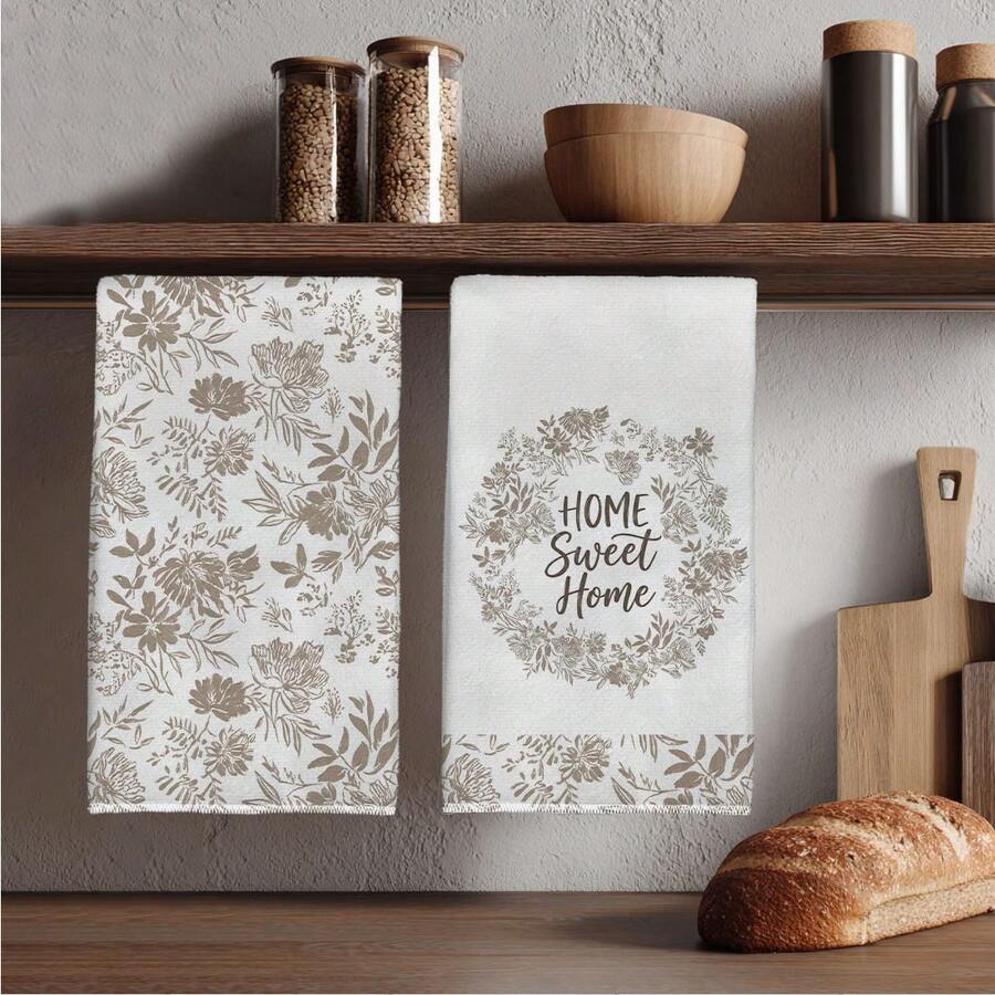 MEMNUN 2条卡其色水彩花卉“家,甜蜜的家”图案厨房毛巾,尺寸为15.75*23.62英寸(40*60厘米),采用柔软的超细纤维材质,可用作洗碗布和手巾,是厨房和餐厅装饰的理想之选,四季皆宜 - 彩色 - 查看 1