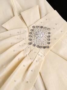 Robe midi élégante et luxueuse AOEMI pour femmes, couleur crème, plissée, avec strass et ourlet sirène, convient pour les fêtes, les mariages, les anniversaires de mariage, les fêtes d'anniversaire - Nude - Voir 7