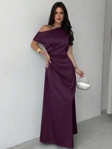 Vestido elegante asimétrico de hombro con pliegues y bajo de cola de sirena en color verde, adecuado para citas, vacaciones, bodas, eventos, regreso a la escuela, graduación, vestido de dama de honor formal, vestidos elegantes para mujer - Morado - Ver 3