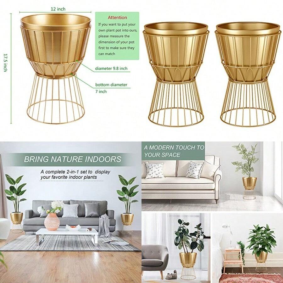 Metal Plant Stand with Pot 12" - Decorative Metal Plant Holder Stand Indoor Gold Plant Stand Modern Flower Potted Rack for Corner Display Living Room Office Modern Home Decor - 17.5" Tall - Aire - Ver 1