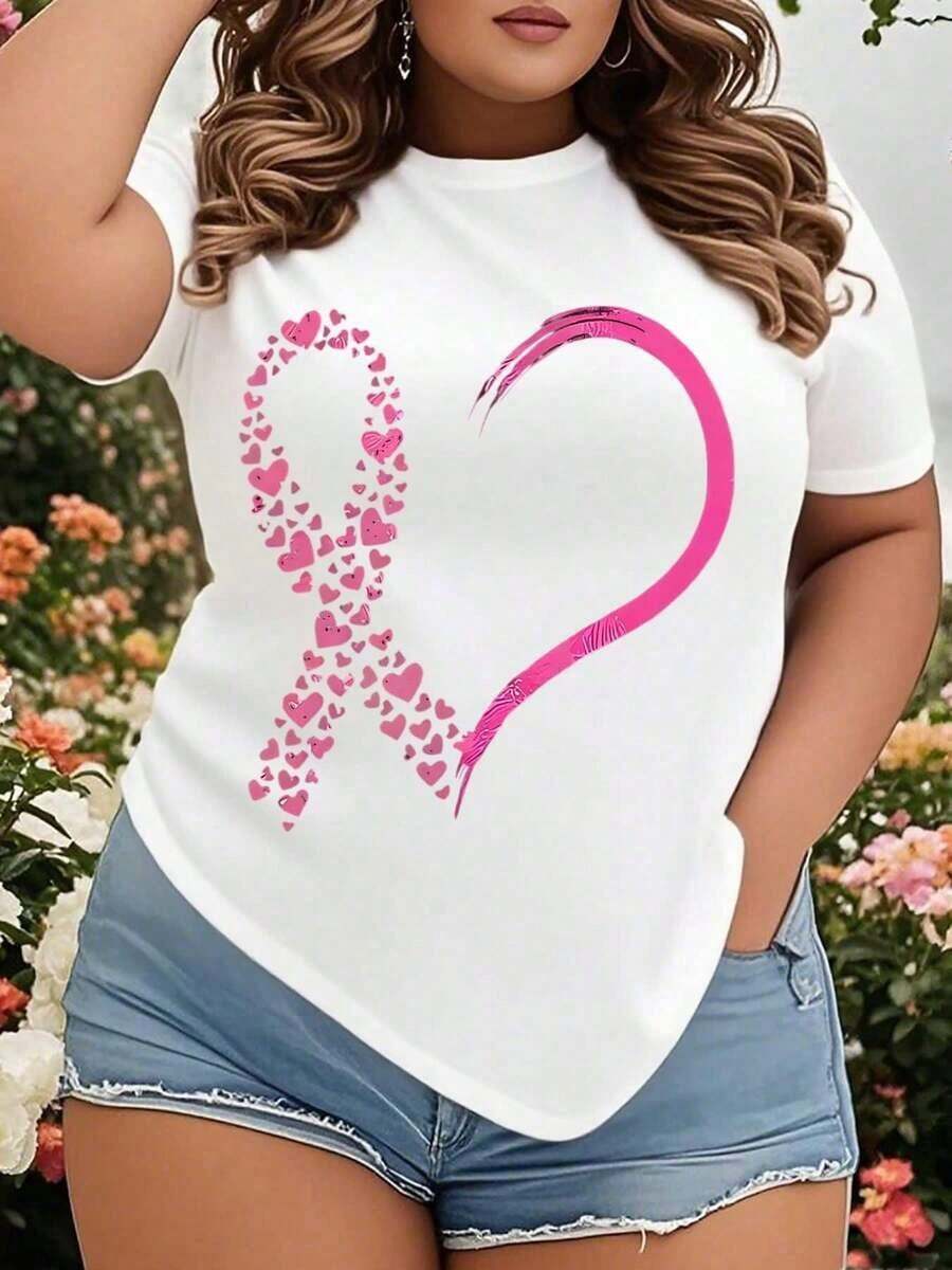 Women's Pink Breast Cancer Awareness T-Shirt - Heart Design With Leopard Print, White T-Shirt To Support The Fight Against Breast Cancer, Perfect For October Breast Cancer Awareness Month, Comfortable Cotton T-Shirt For Charity Events And Everyday Wear - 白色 - 查看 1