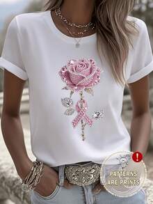 Exquisite And Lightweight White T-Shirt In A Luxurious Style With A Crystal Rose Print For Women, Loose And Casual Short Sleeves, A Must-Have For Everyday Wear In Summer, Flattering And Versatile, Basic Style, Perfect For Daily Use, Comfortable And Kind To The Skin. - 白色 - 查看 6
