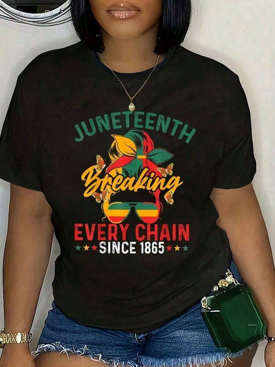 Playera de mujer con estampado "Juneteenth Breaking Every Chain Since 1865", manga corta, cuello redondo, para celebraciones y uso diario, estilo casual. - Negro - Ver 1