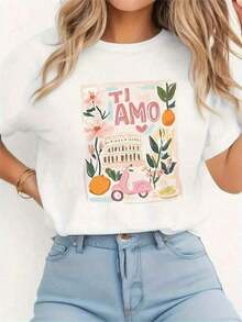 New And Modern Casual Short-Sleeved T-Shirt For Women - Italian Style With "TI AMO" Print, Pink Scooter Pattern, Flowers And Fruit, Round Neck, Ideal For Birthdays And Holidays, A Must-Have For Summer, Comfortable Machine Washable Fabric - Unisex Short-Sleeved T-Shirt, Round Neck, Loose Fit, Made Of Pure Cotton, Urban Vintage Style. - 白色 - 查看 1