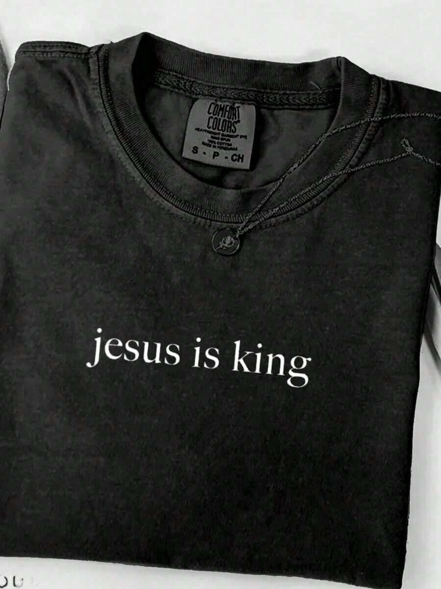 1 "Jesus Is King" T-Shirt, Christian T-Shirt, Religious T-Shirt, Jesus Themed Gift For Easter Sunday Activities, Printed Cotton Drop Shoulder T-Shirt, Men's Basic Retro Street T-Shirt, Unisex Hip Hop Style Loose Fit T-Shirt, Acid Wash Effect T-Shirt, 180g 100% Cotton. - 黑色 - 查看 1