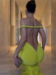 Vestido largo cuello halter espalda descubierta color liso  A-line holgado nueva llegada - Verde - Ver 4