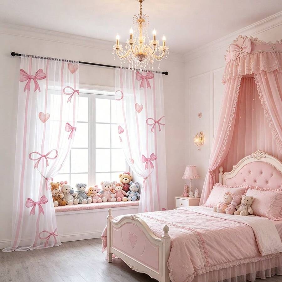 2pcs Sweet Style Transparent Curtains, Pink Bow Pattern, Soft Light, Privacy Protection, Rod Pocket Design Suitable For All Seasons, Multi-Functional Home Decor, Machine Washable, Polyester Material, Add Romantic Atmosphere To Bedroom, Living Room And Study, No Tiebacks - Multicolor - View 1