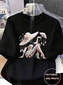 Elegant And Luxurious High-End Outfit With A Touch Of Temperament - Women's Printed T-Shirt - Feminine Design Adorned With Pearls And Crystals | Lightweight Luxury, Gorgeous Everyday Wear | Soft And Breathable Fabric, Casual Spring/Summer Round Neck Short Sleeve T-Shirt - 1 - 查看 1