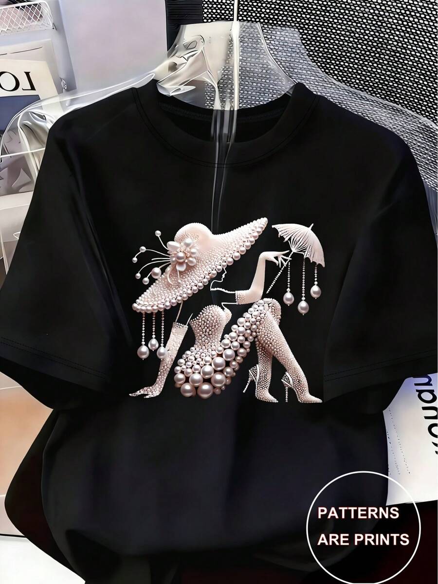 Elegant And Luxurious High-End Outfit With A Touch Of Temperament - Women's Printed T-Shirt - Feminine Design Adorned With Pearls And Crystals | Lightweight Luxury, Gorgeous Everyday Wear | Soft And Breathable Fabric, Casual Spring/Summer Round Neck Short Sleeve T-Shirt - 1 - 查看 1