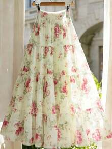 Falda de mujer de verano con estampado floral y parches superpuestos - Verde - Ver 1