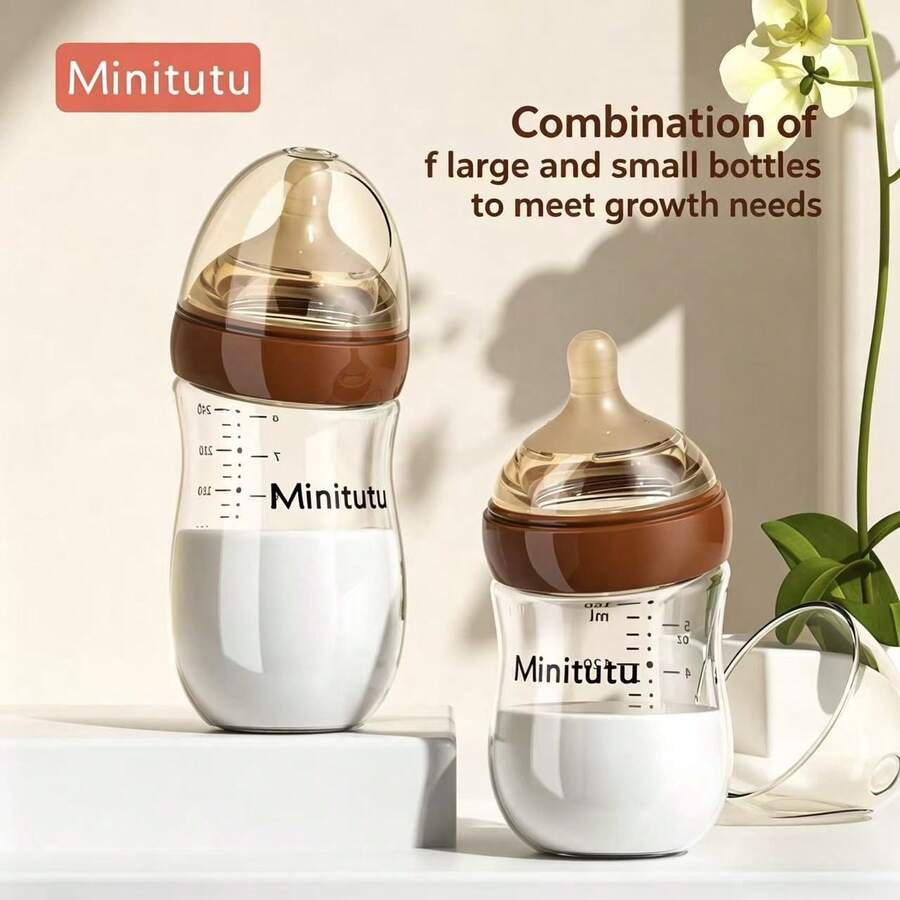 Minitutu 1件裝 彎頸高硼矽玻璃 160ML/240ML 極簡風嬰兒奶瓶，適合居家與旅行使用