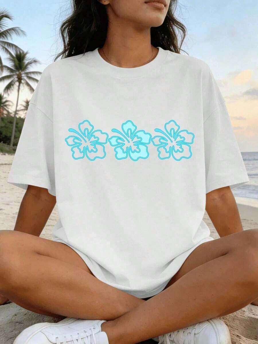 100% Pure Cotton, New Summer 2026 Collection, Women's Blouse, Millennium Elegant Clothing, Women's Loose T-Shirt, Casual Tropical Floral Shell And Starfish Print, Off-Shoulder, Short Sleeve, Round Neck, Summer Blouse, Premium Spring Outfit For Women, Summer Beach Shirt For Women, Fashion. - 白色 - 查看 1