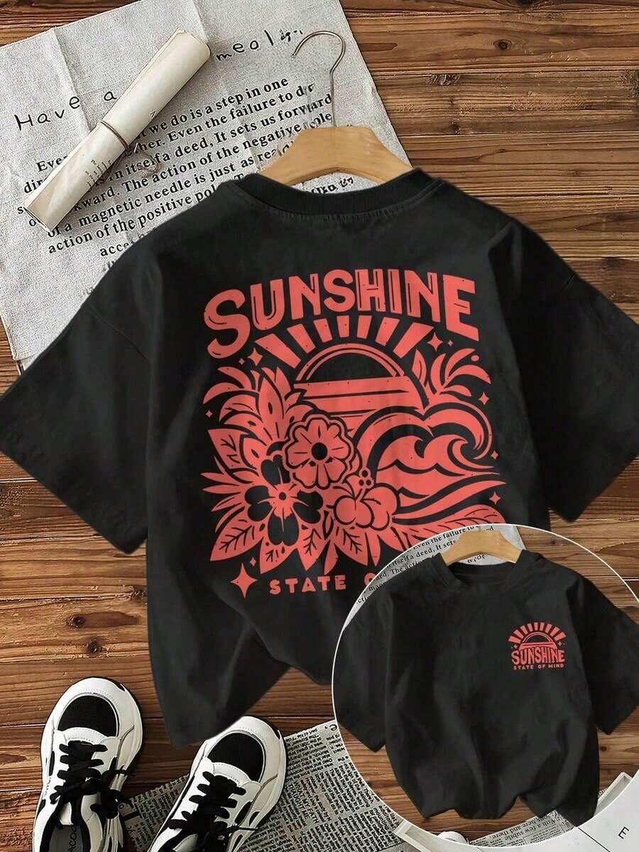 Women's Casual Loose Fit T-Shirt With Floral Print "Sunshine State Of Mind", Breathable And Comfortable, Short Sleeve, Round Neck, Coral Color Sun And Wave Print, Soft Cotton, Perfect For Daily Wear And Summer Beach Style. - 黑色 - 查看 1