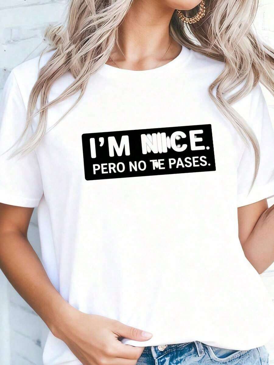 Sudadera Casual de Cuello Redondo para Mujer con Estampado "I'm Nice-1Pure-Cotton" - Blanco 3 - Ver 1